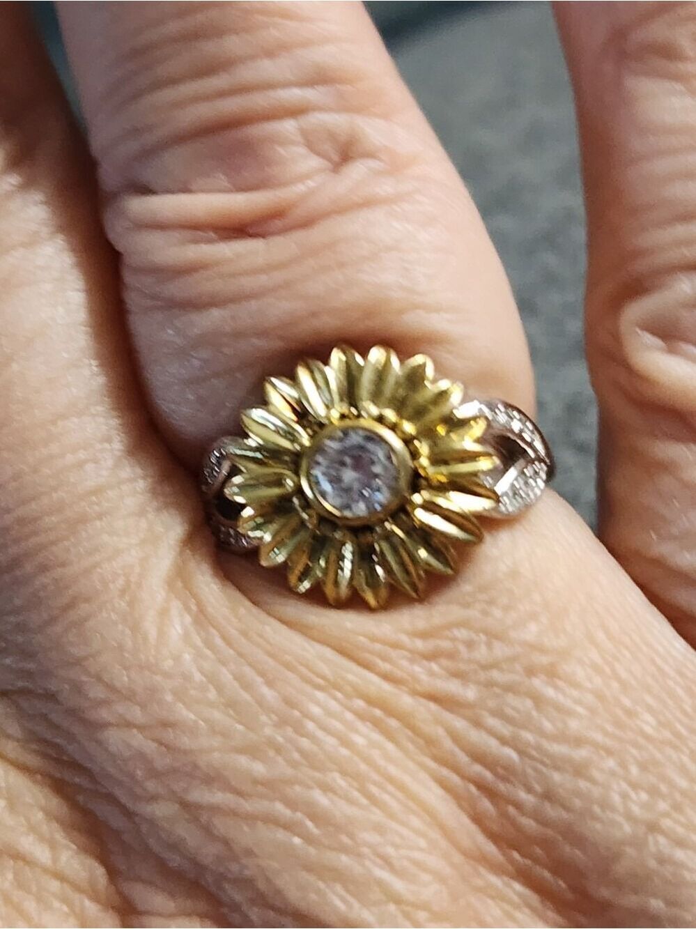 Sterling Silver Gold Plated Sunflower Ring Clear Stone